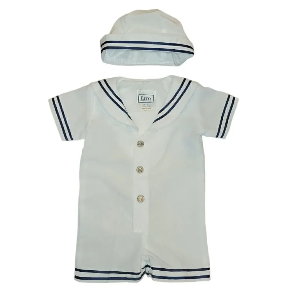 NWOT Lito Children's Wear Boys White Sailor Suit Shortall Romper with Hat 6-12M